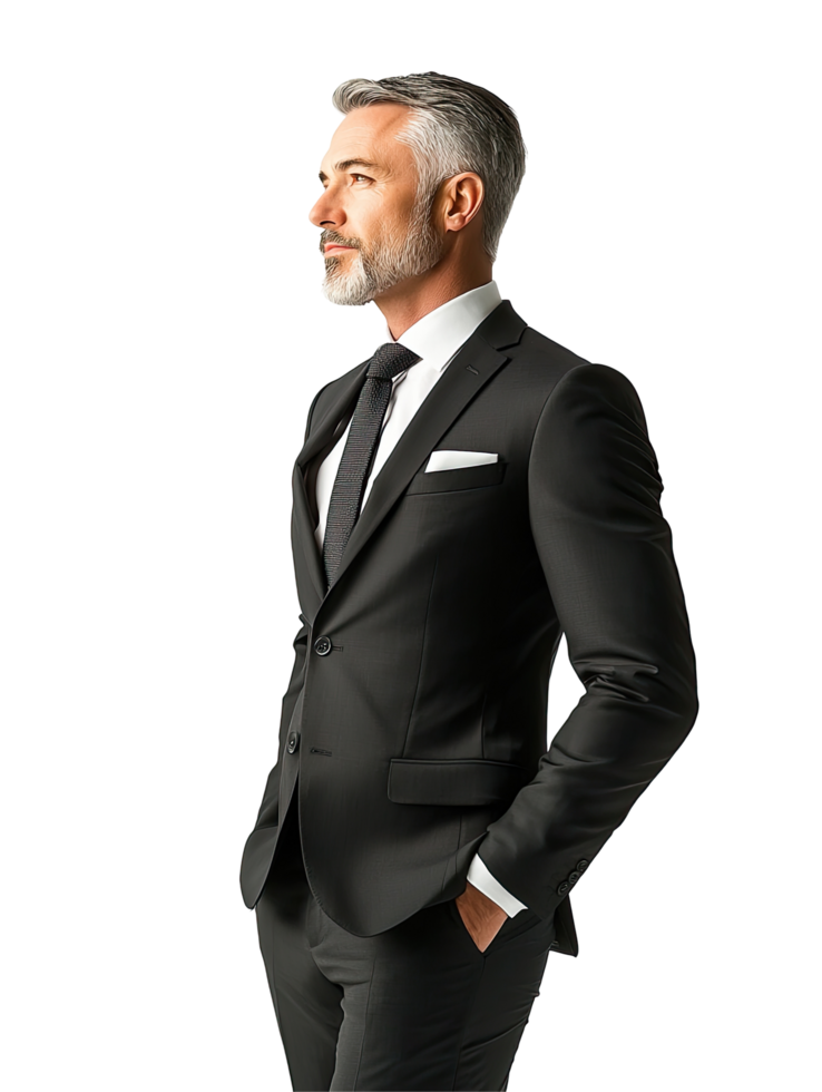 Elegant Grey-Haired Man in Black Suit, Business Professional Look, Isolated on Transparent Background png