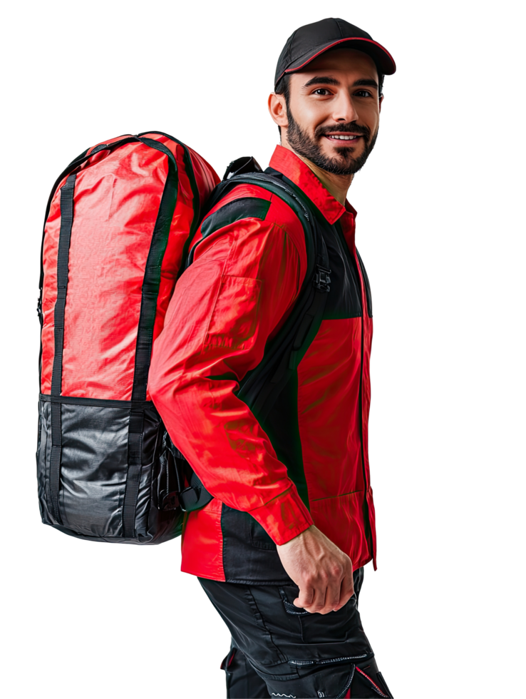 Delivery Worker in Red Jacket and Cap, Carrying a Backpack, Isolated on Transparent Background png