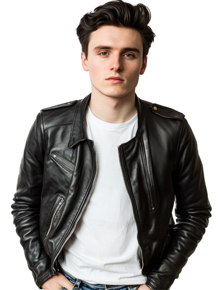 Young Man in Black Leather Jacket, Cool and Edgy Look, Isolated on Transparent Background png