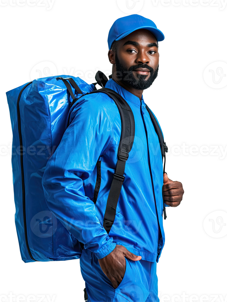 Black Male Courier in Blue Uniform with Backpack, Confident and Reliable, Isolated on Transparent Background png