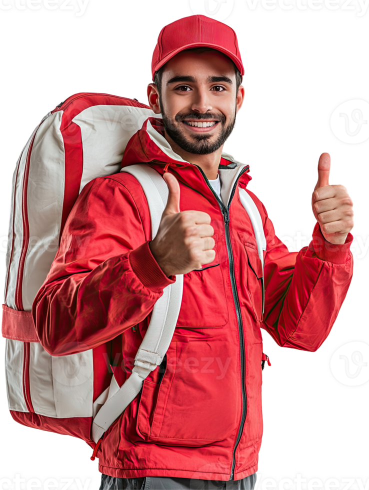 Happy Delivery Man in Red Jacket with Thumbs Up, Friendly and Positive, Isolated on Transparent Background png