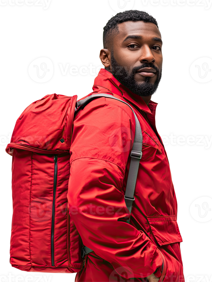 Black Male Delivery Worker in Red Jacket with Backpack, Strong and Determined, Isolated on Transparent Background png