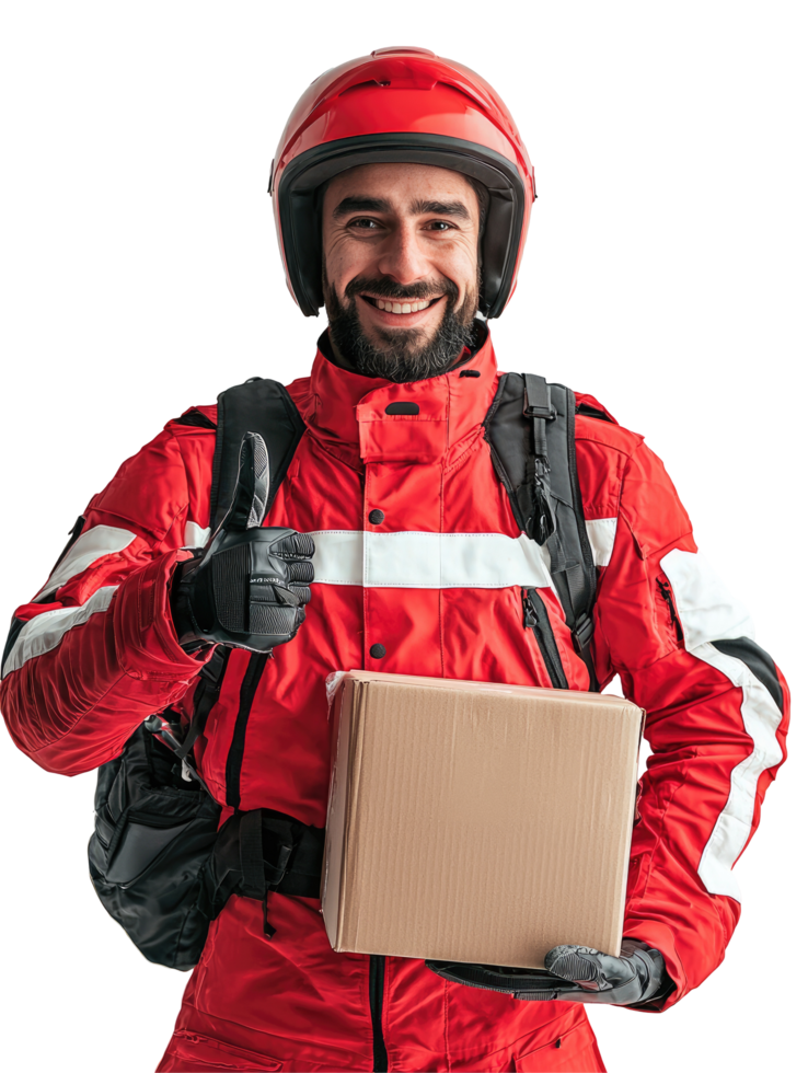 Smiling Delivery Man in Red Uniform with Box, Friendly and Professional, Isolated on Transparent Background png