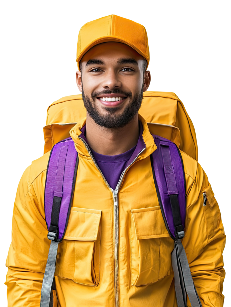 Smiling Young Male Courier in Yellow Jacket with Backpack, Friendly and Reliable, Isolated on Transparent Background png