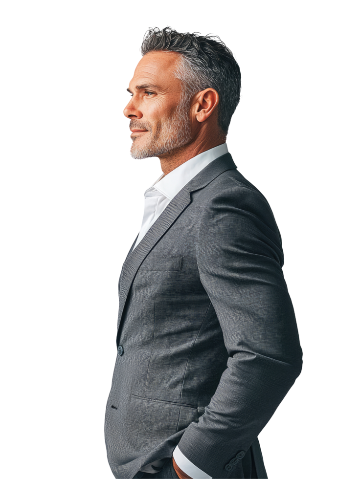 Mature Businessman in Grey Suit, Looking Confident, Isolated on Transparent Background png