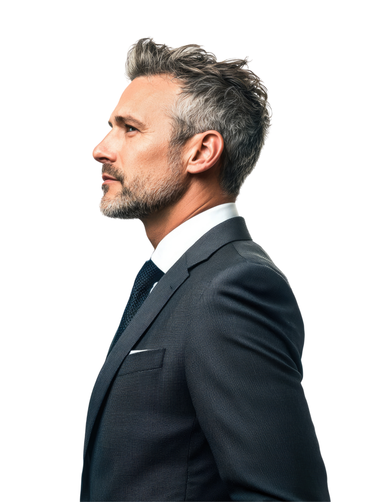 Grey-Haired Business Professional in Black Suit, Side Profile View, Isolated on Transparent Background png