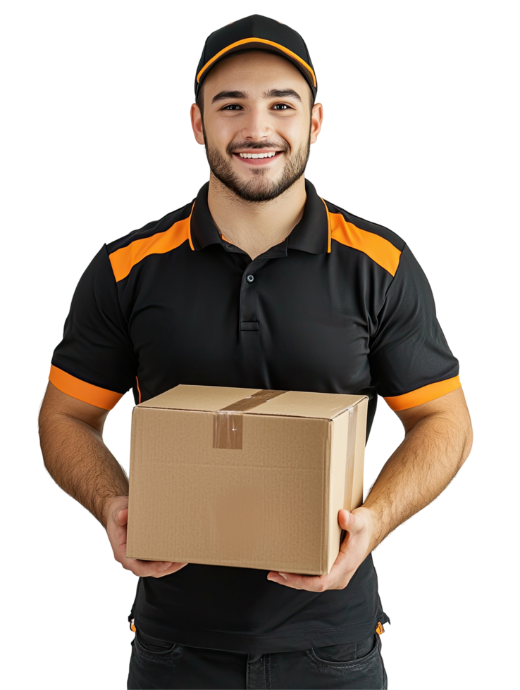 Smiling Young Courier in Black and Orange Uniform Holding Parcel, Fast Delivery Service, Isolated on Transparent Background png