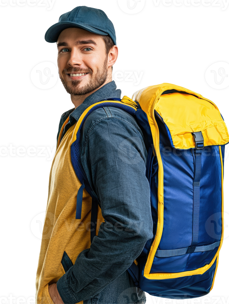 Confident Male Courier in Blue Uniform with Yellow Backpack, Delivery Service, Isolated on Transparent Background png