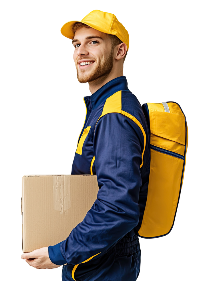 Happy Delivery Worker in Blue and Yellow Uniform Holding Box, Reliable Service, Isolated on Transparent Background png