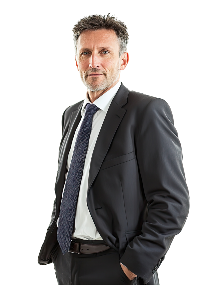 Mature Business Executive in Navy Suit, Hands in Pockets, Serious Expression, Isolated on Transparent Background png