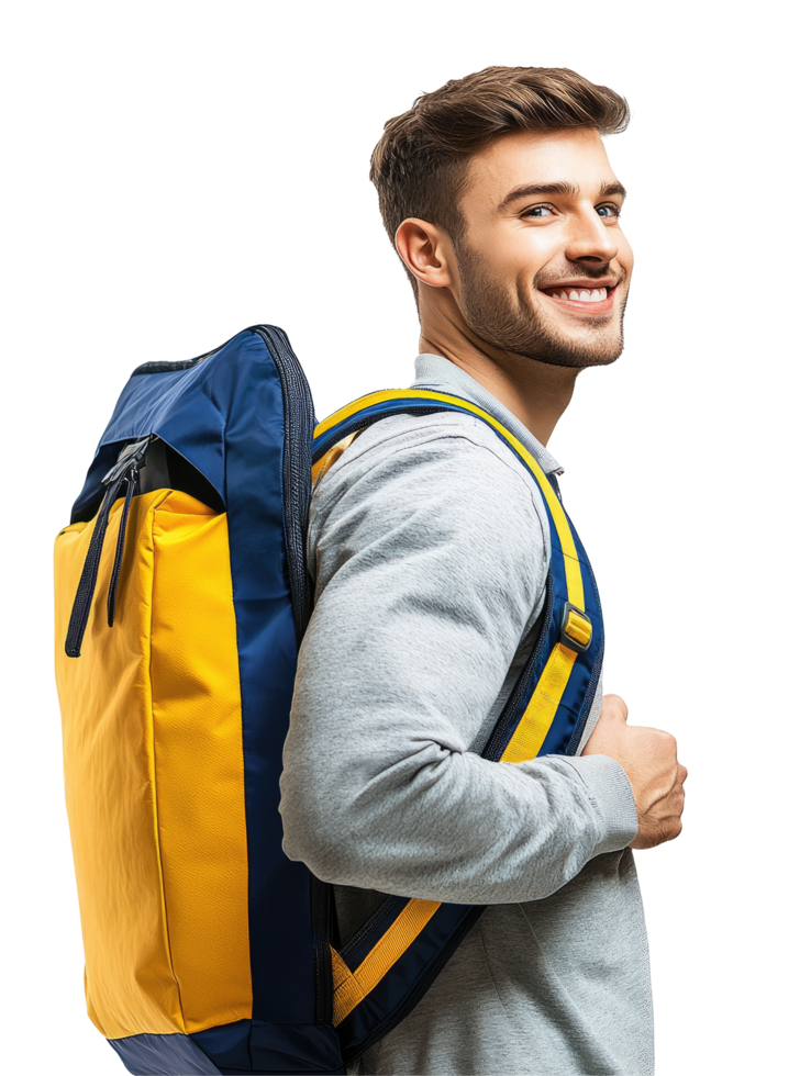 Smiling Young Male Traveler with Yellow and Blue Backpack, Adventure Concept, Isolated on Transparent Background png
