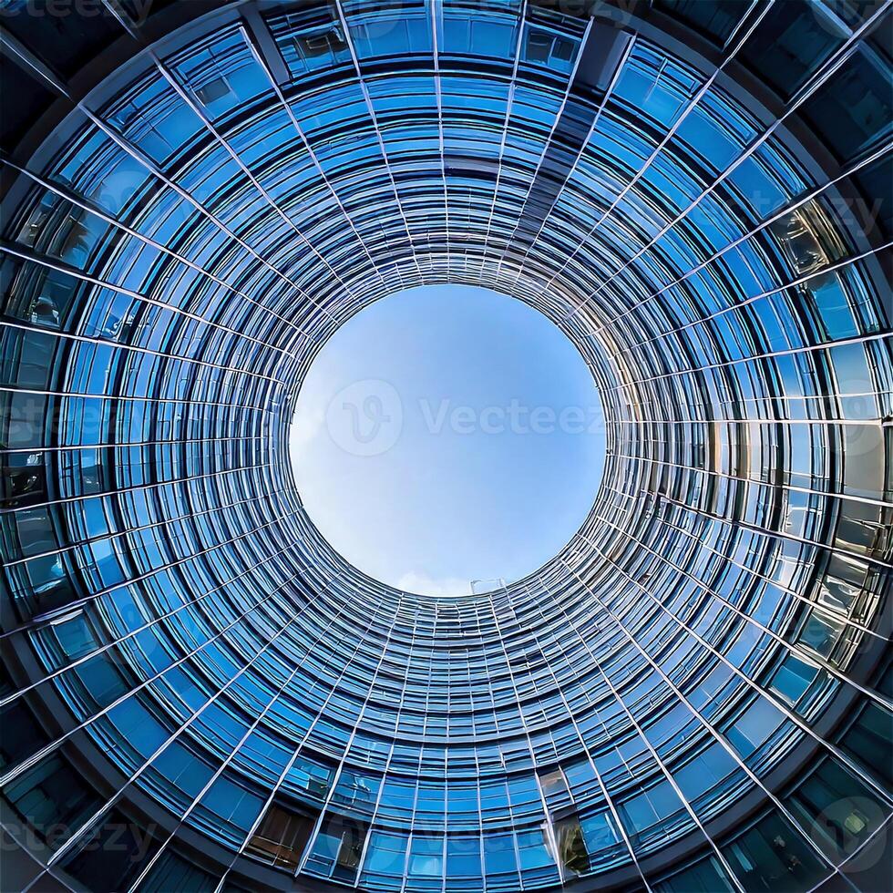 Architectural Circular Atrium, Looking Up, Glass and Steel, Sky View, Geometric. High quality photo