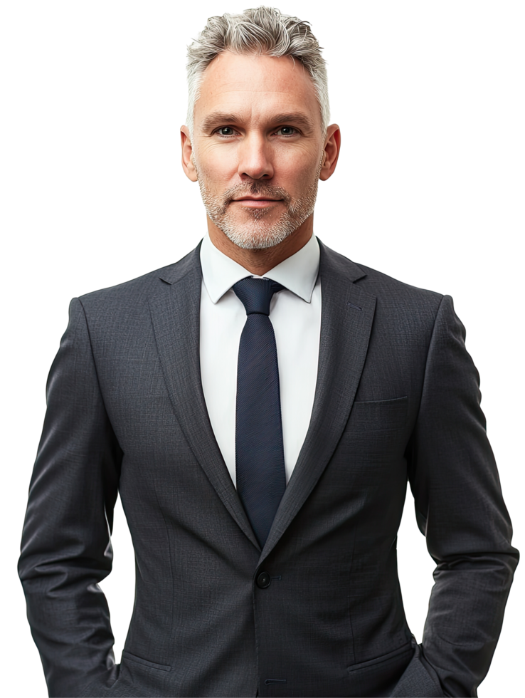 Senior Business Professional in Black Suit with Arms Crossed, Powerful and Assertive, Isolated on Transparent Background png