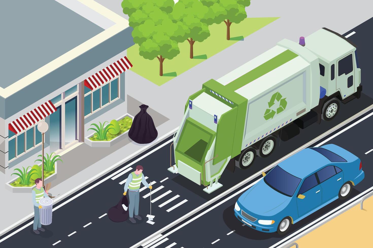 People putting bags with trash into garbage truck vector