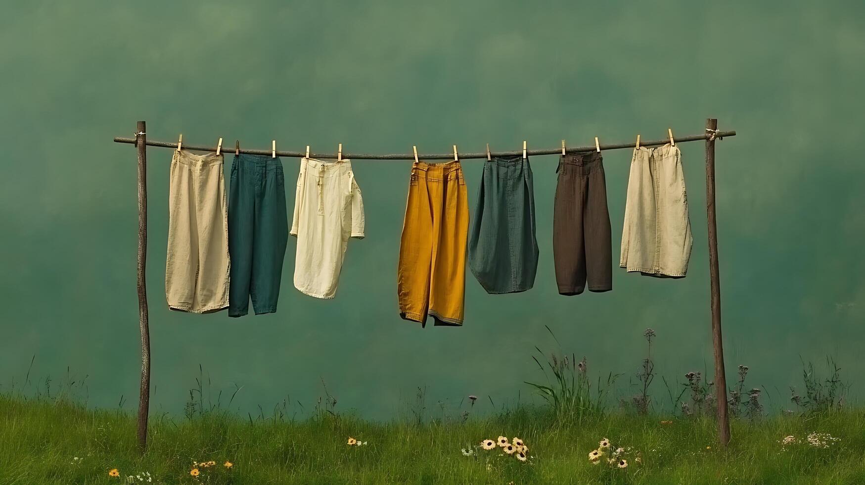 Clothes hanging on a clothesline in a field photo