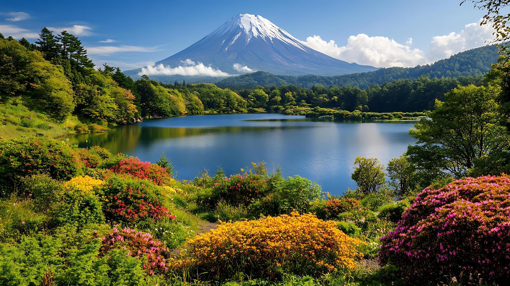 A beautiful mountain with flowers and a lake photo