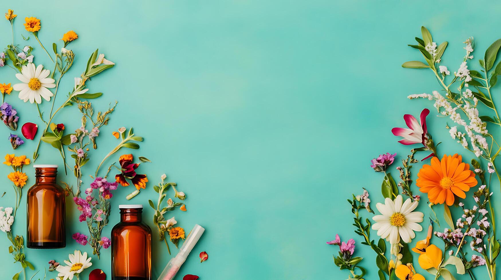 Flowers and essential oils on blue background photo