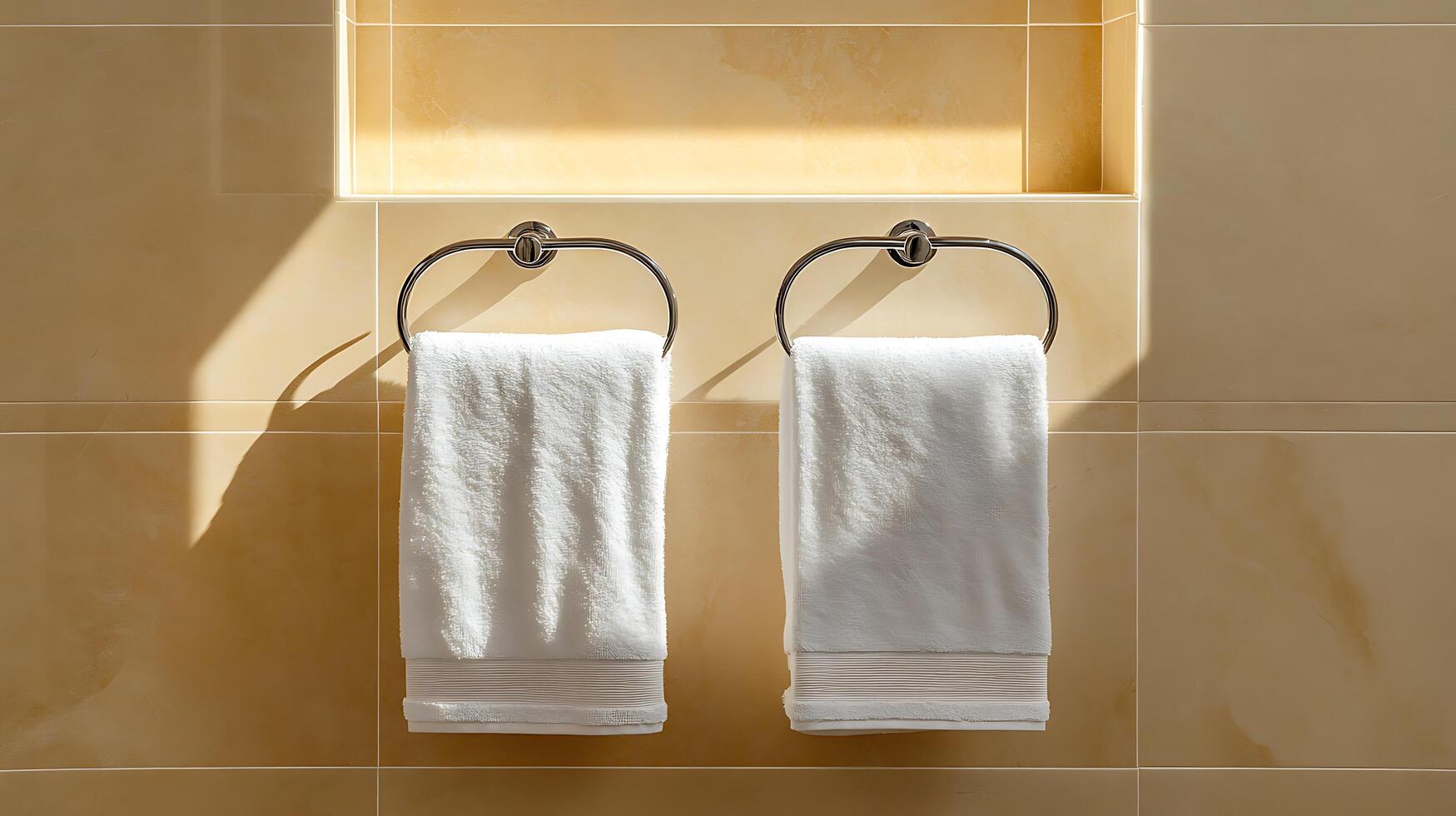 A pair of white towels hanging from a towel rack photo