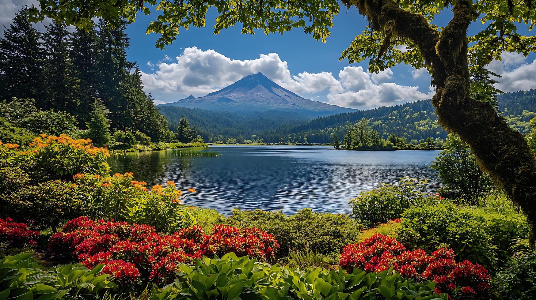 A lake surrounded by trees and flowers photo