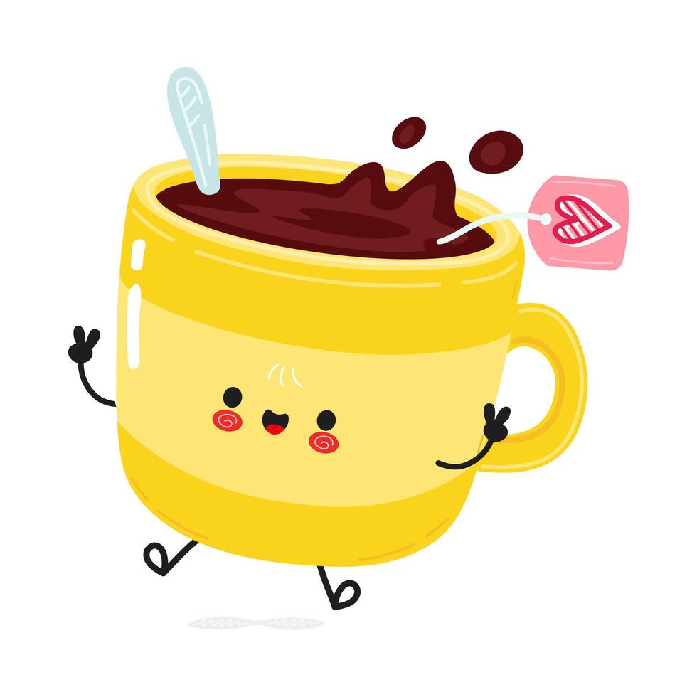 An adorable cartoon yellow Tea Mug character waves with a peace sign and smiles cheerfully. vector