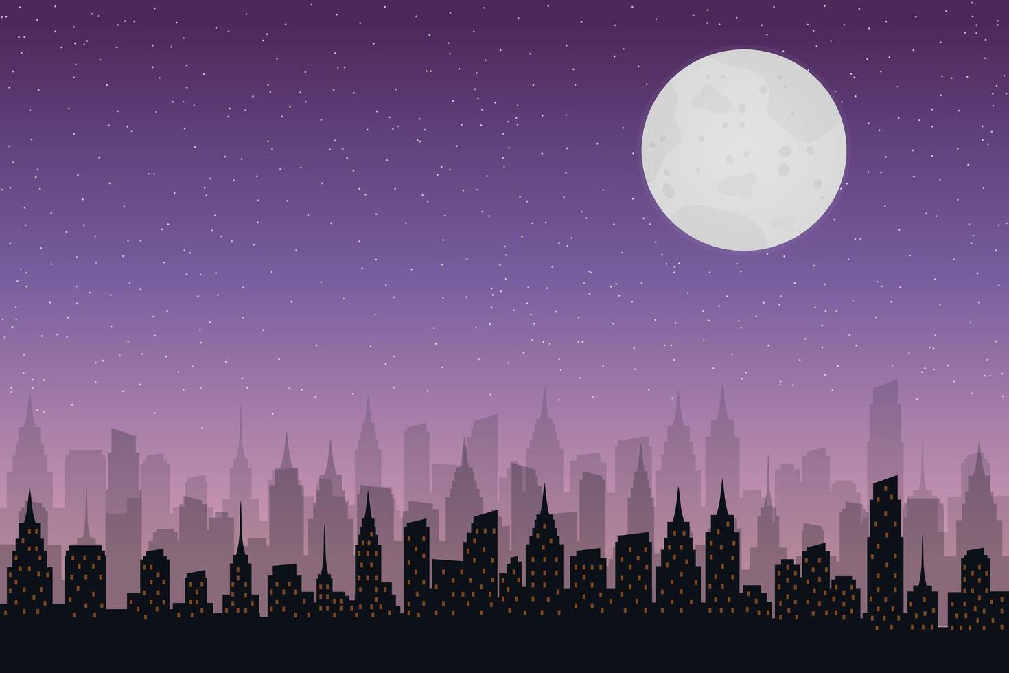 City Silhouette Under Starry Evening Sky with Moon Flat Illustration. vector