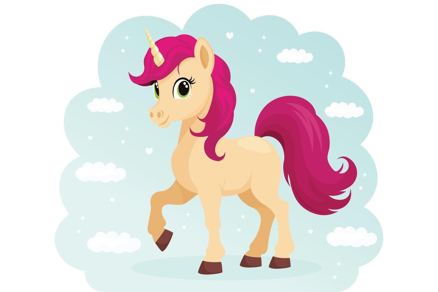 Unicorn with Pink Hair on Cloudy Background Flat Illustration. vector