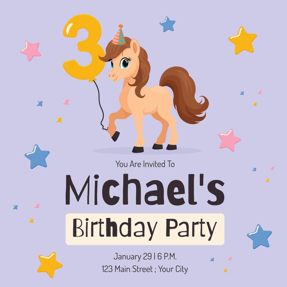 Birthday Party Invitation Card with cute Pony Flat Illustration. vector