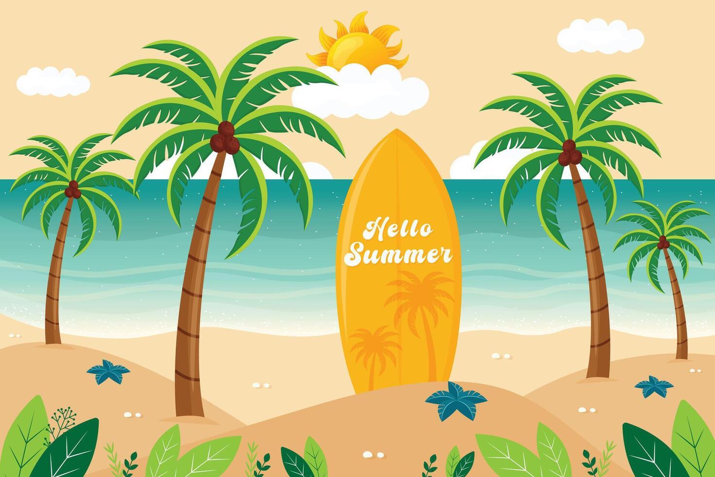 Hello Summer Flat Illustration with Surfboard on Tropical Palm Beach. vector