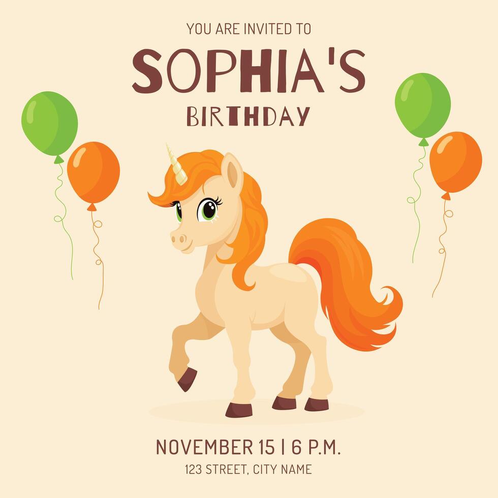 Cute Unicorn Birthday Invitation Card Flat Illustration. vector