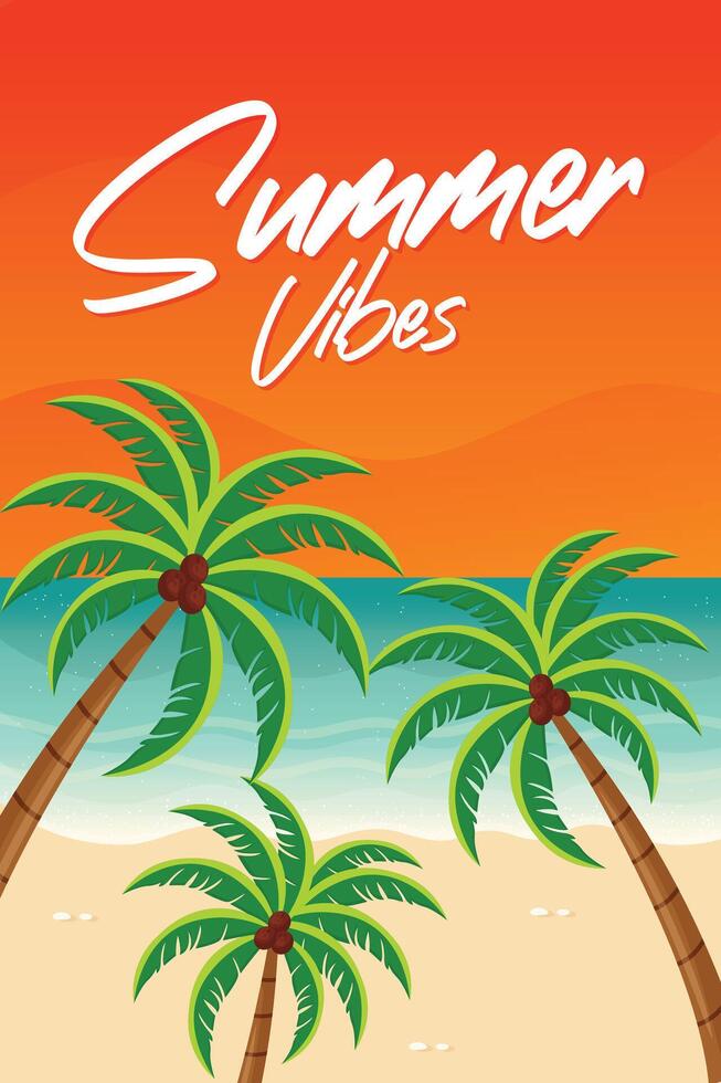 Summer Postcard Design with Palm Trees Flat Illustration. vector