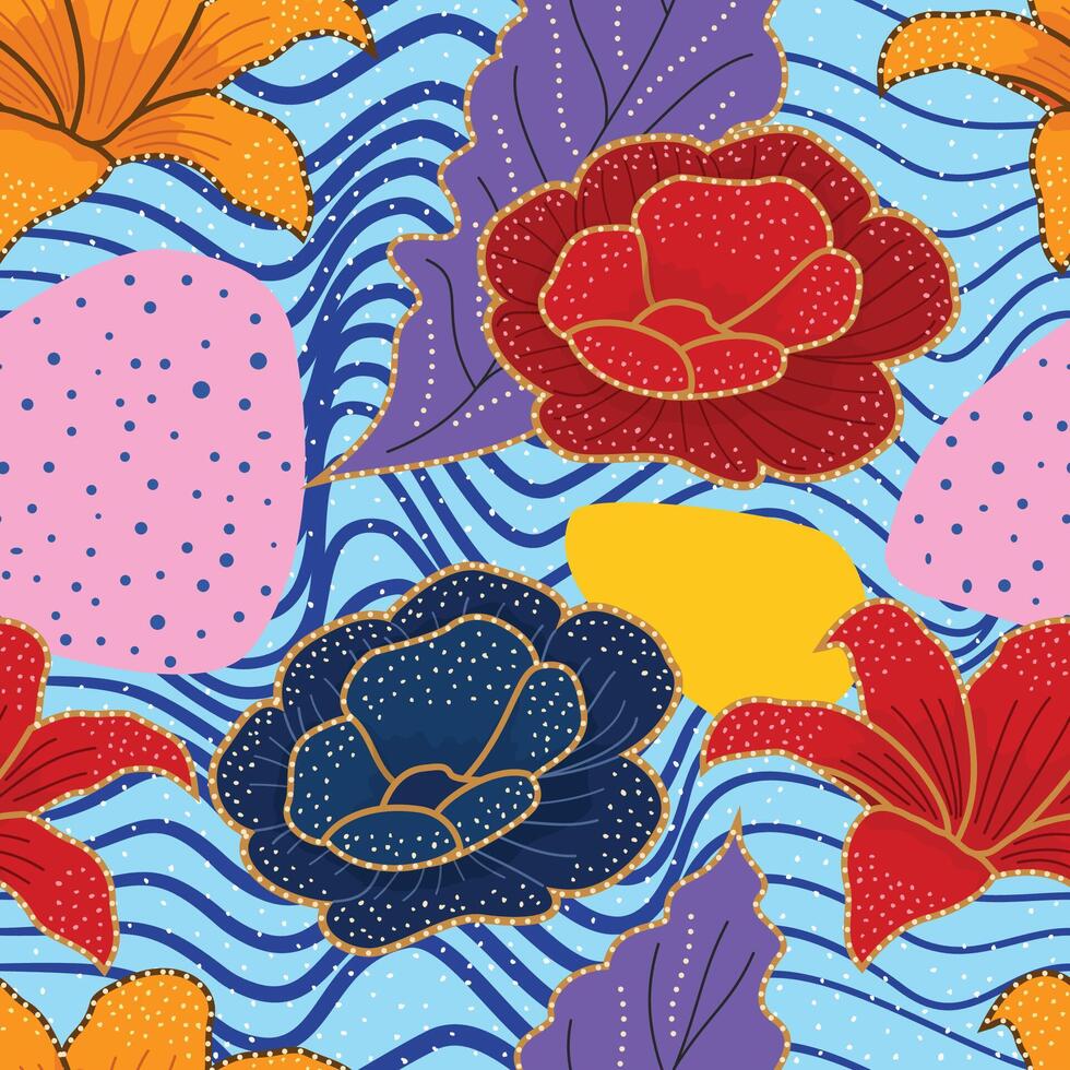 Intricate red lilies and white roses blossom seamless batik pattern on a warm terracotta background, accented with gold detailing. The design evokes a rich, rustic vector