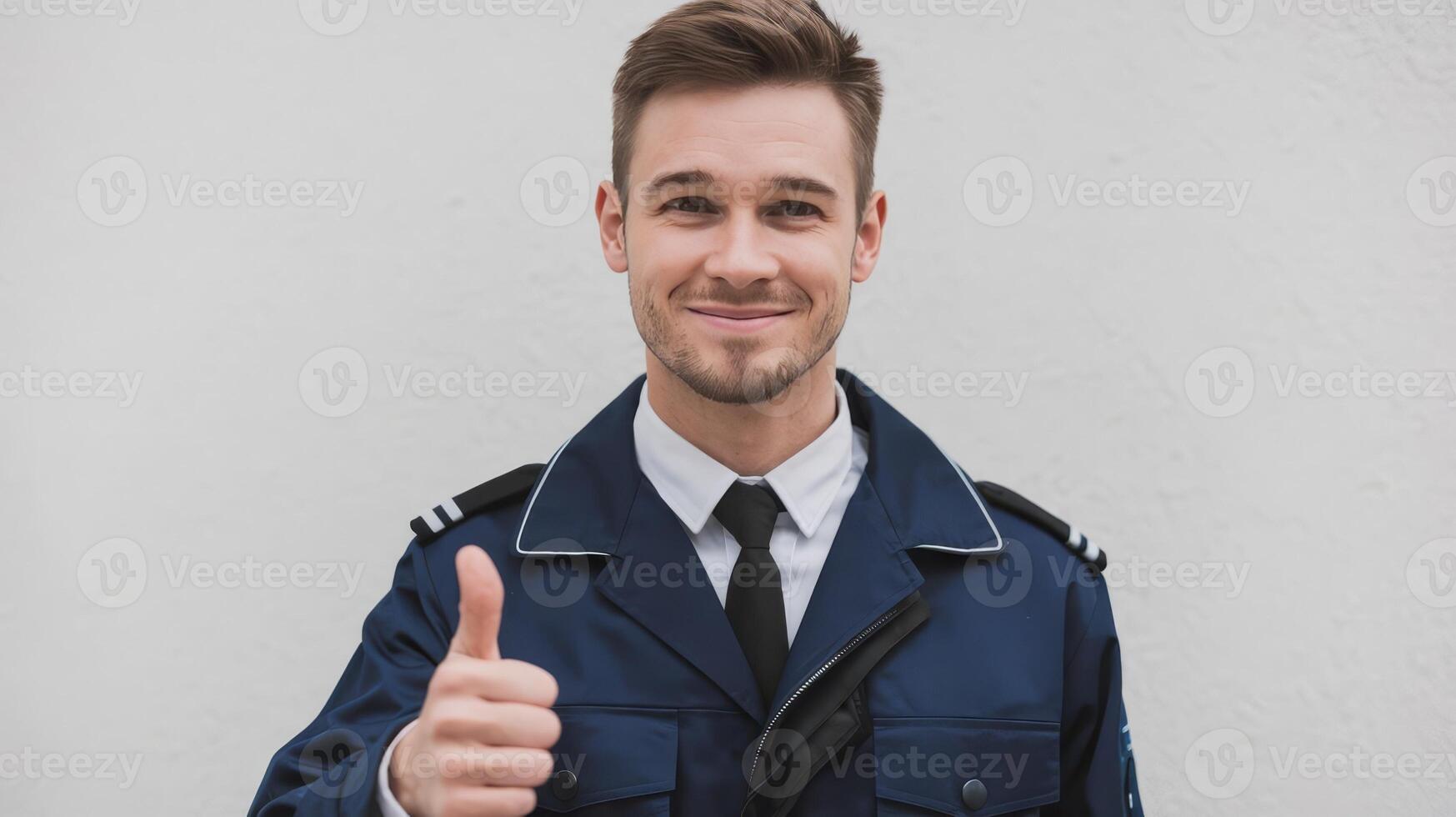 Portrait of a smiling young man in uniform showing thumbs up photo