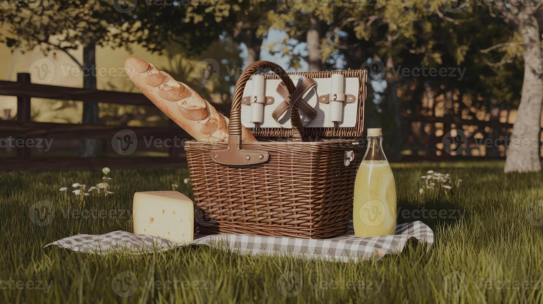 A basket with bread, cheese and a bottle of wine photo