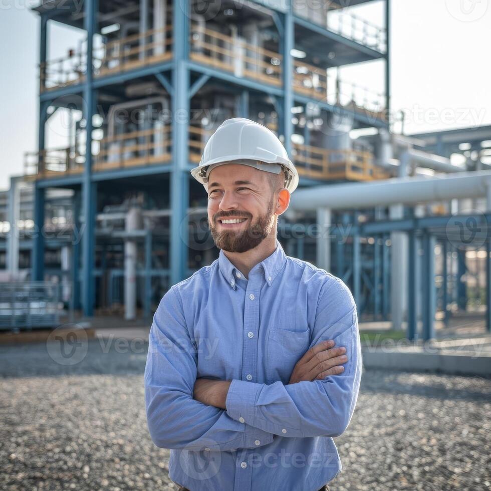 Portrait of a smiling engineer standing in front of a refinery photo
