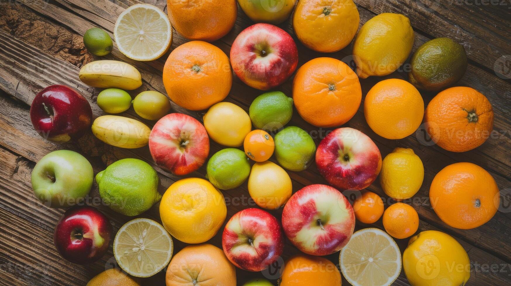 A pile of fruit on a wooden table photo