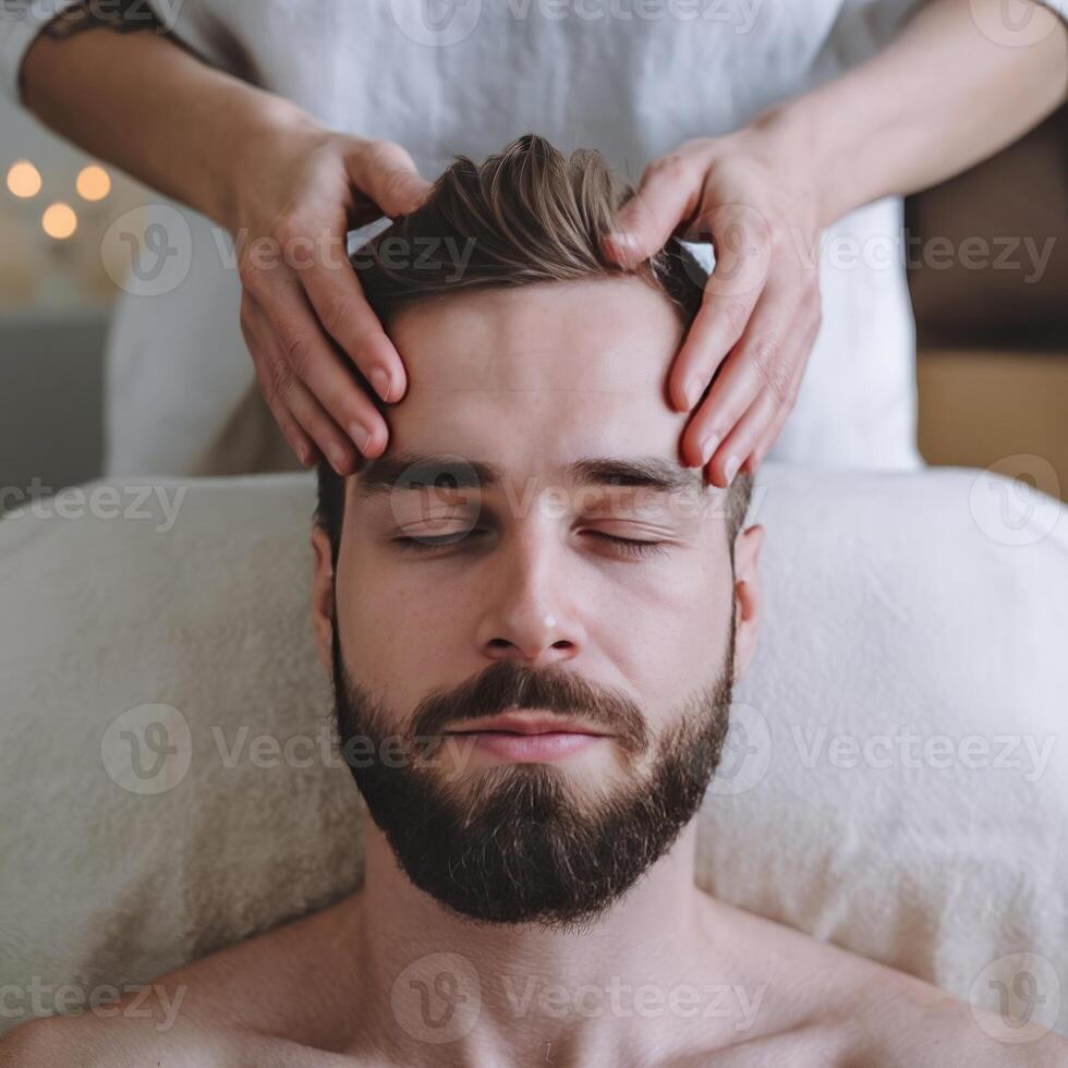 A man getting a facial massage in a spa photo