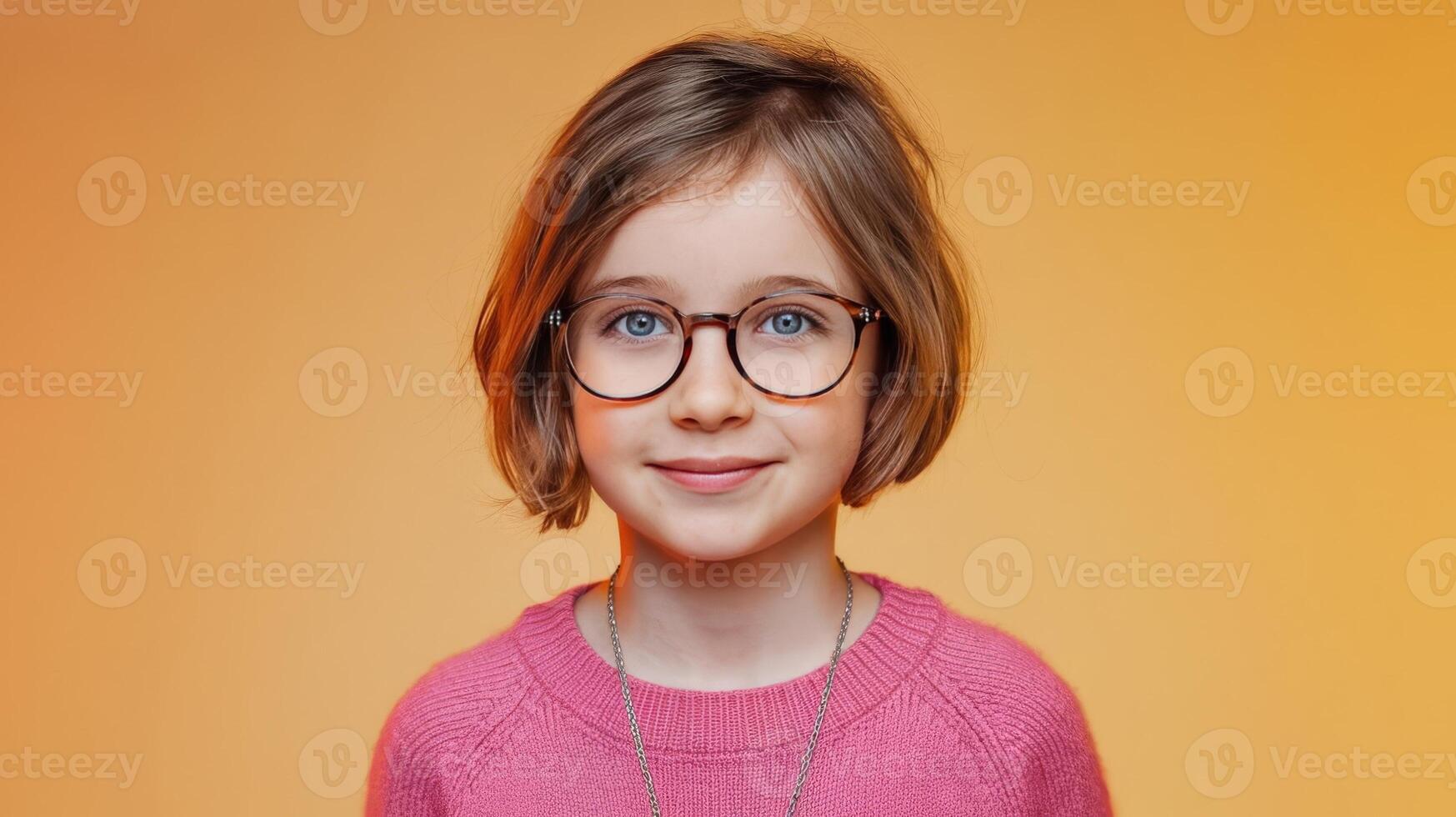 A little girl wearing glasses and a pink sweater photo