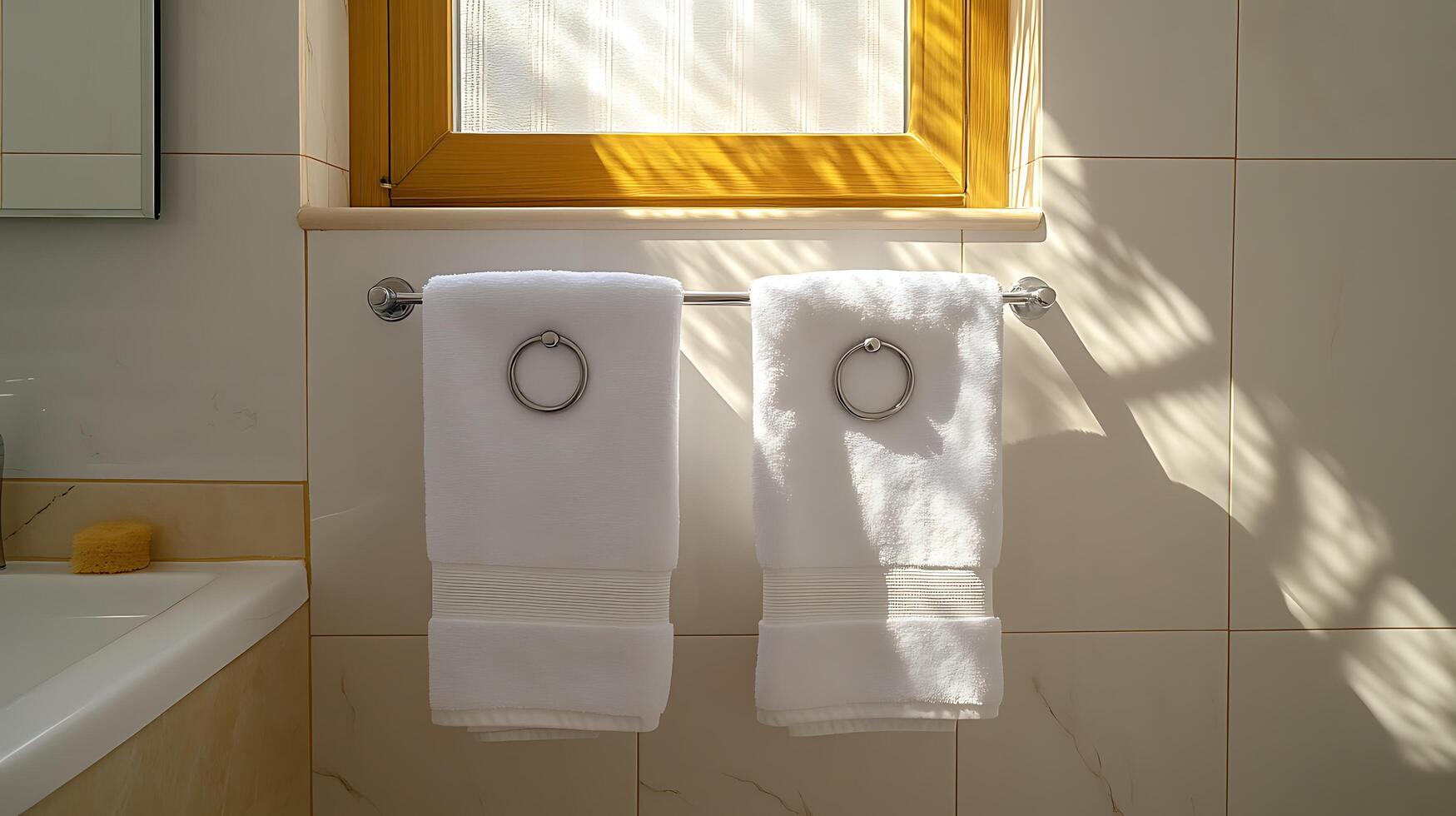 A bathroom with a window and two towels hanging on a towel rack photo
