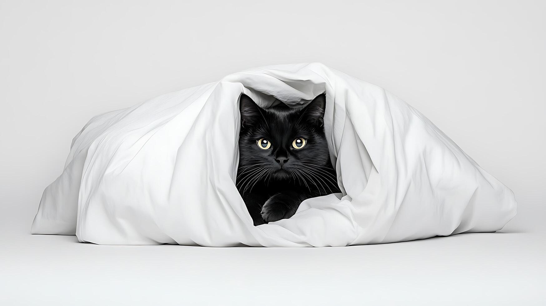 Black cat hiding in white blanket photo