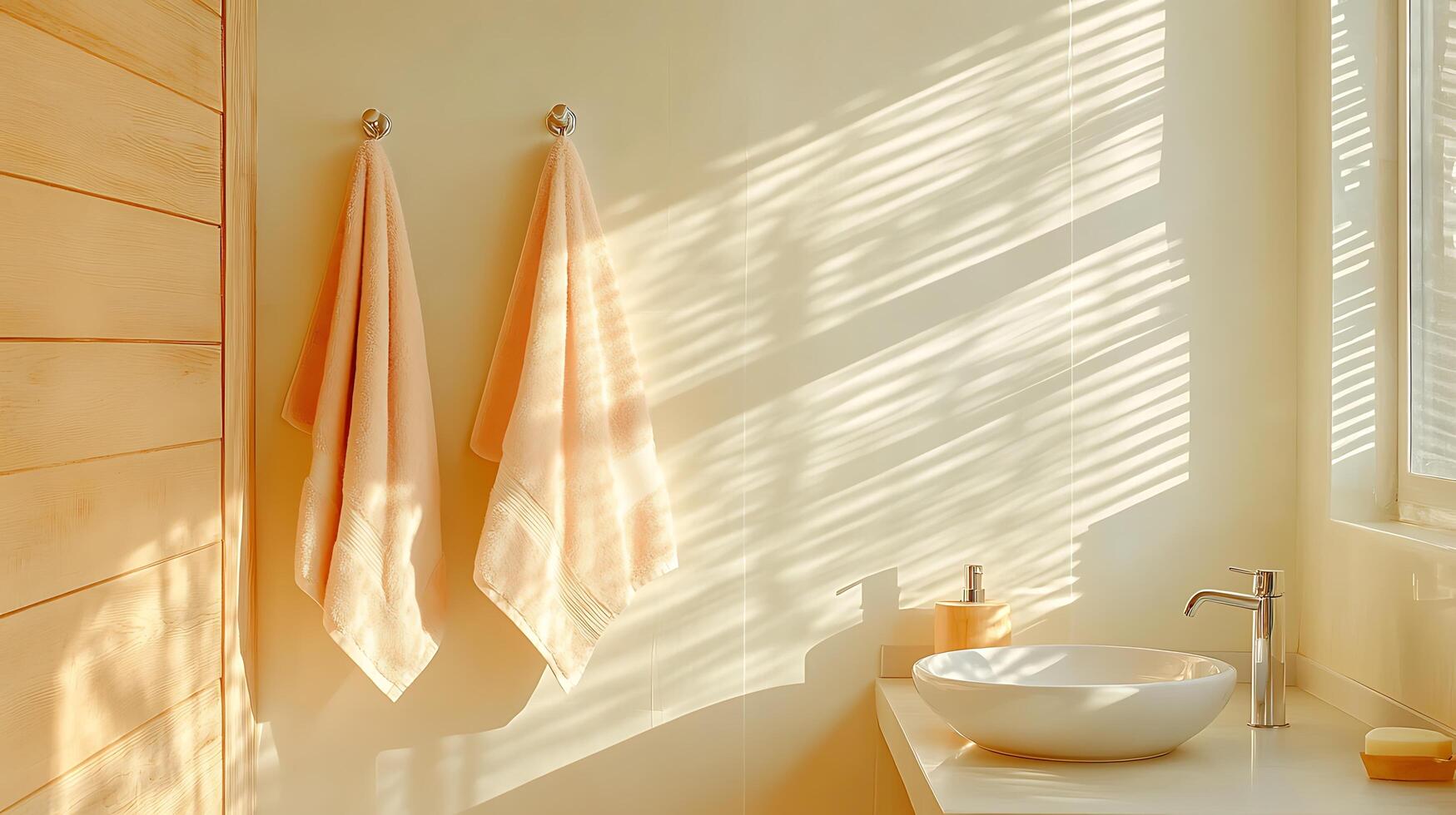 A bathroom with a sink and towel hanging on the wall photo