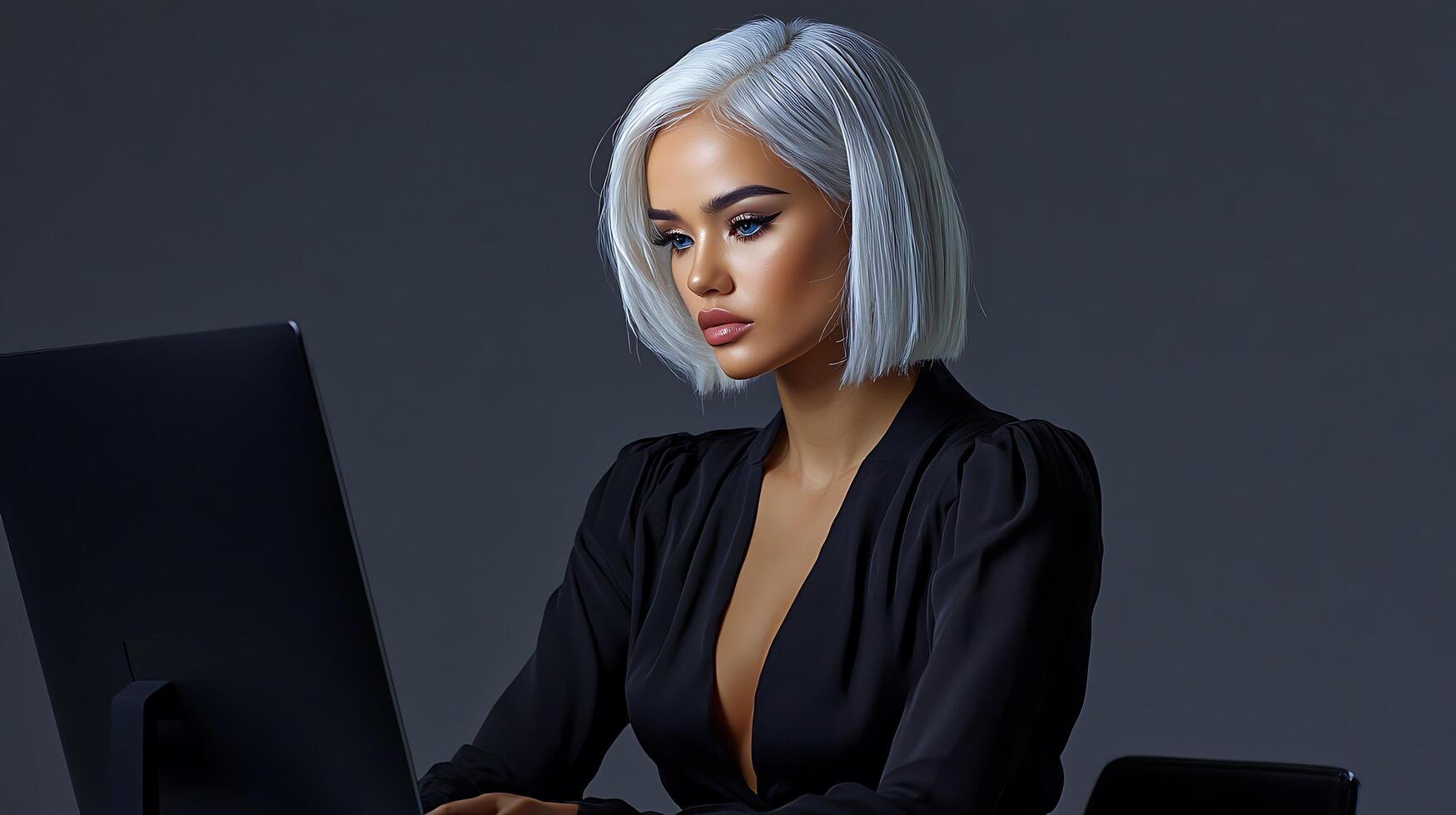 A woman with white hair sitting at a desk using a computer photo