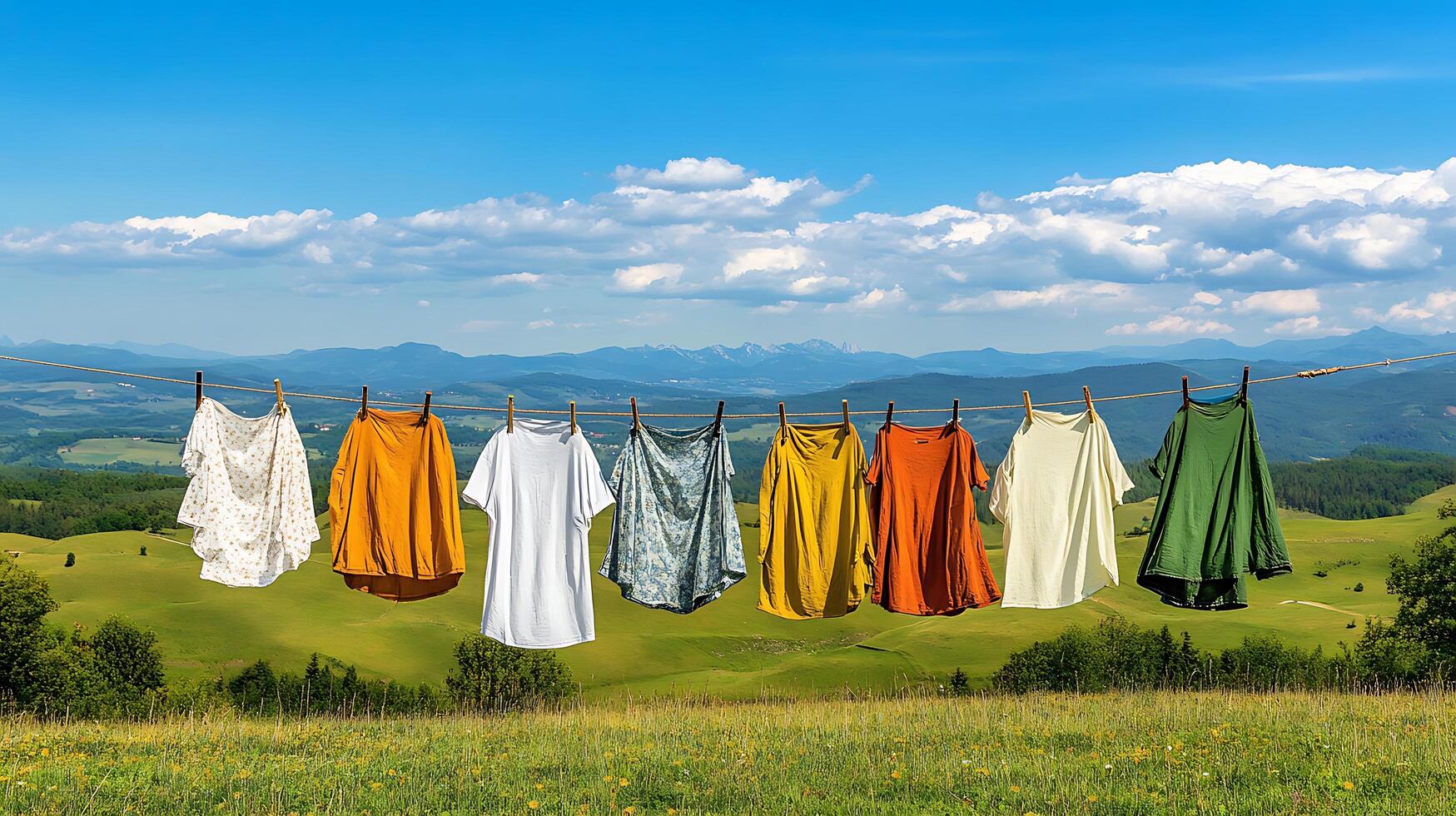 A line of clothes hanging on a clothesline in a field photo