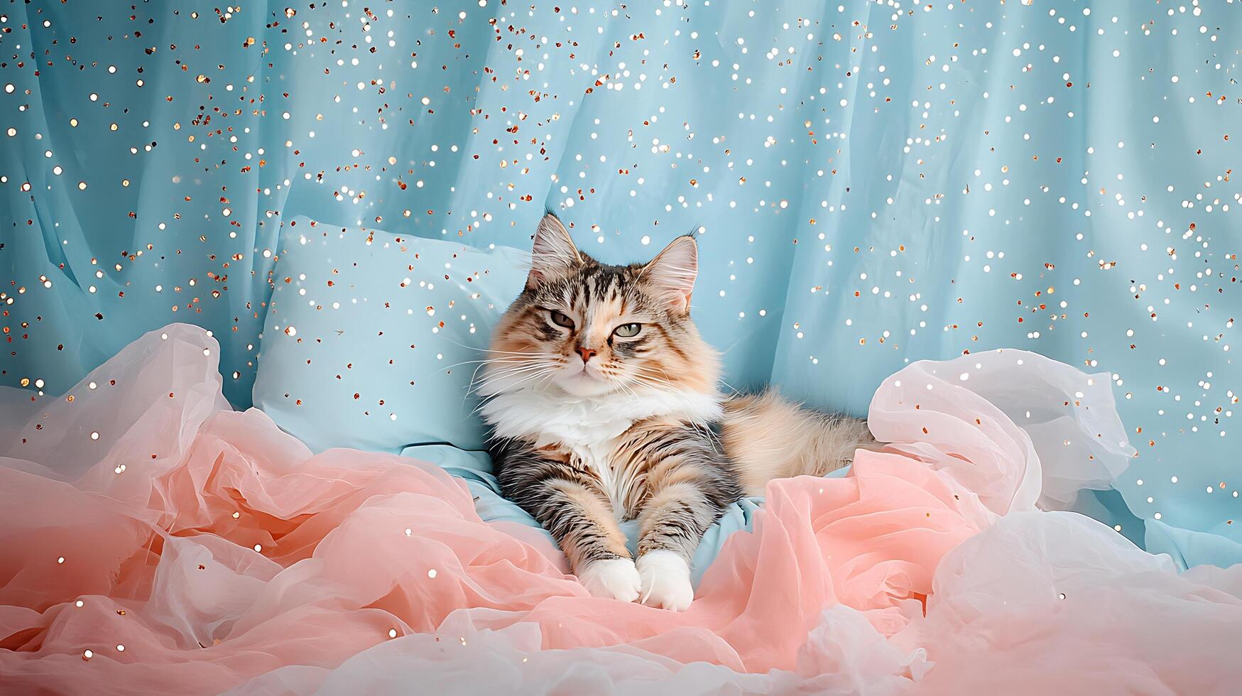 A cat laying on a pink and blue bed photo
