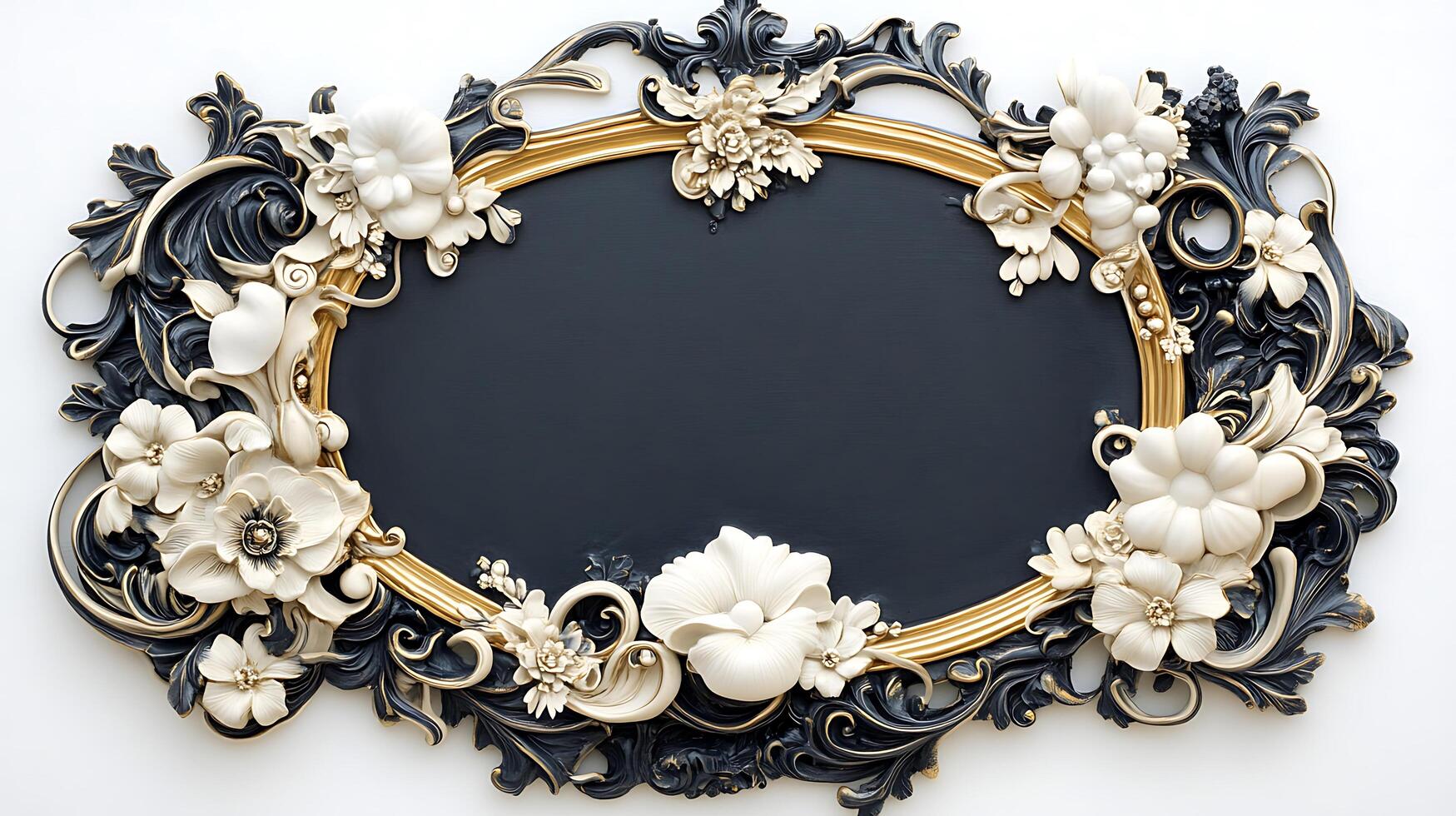 A black and white mirror with flowers on it photo