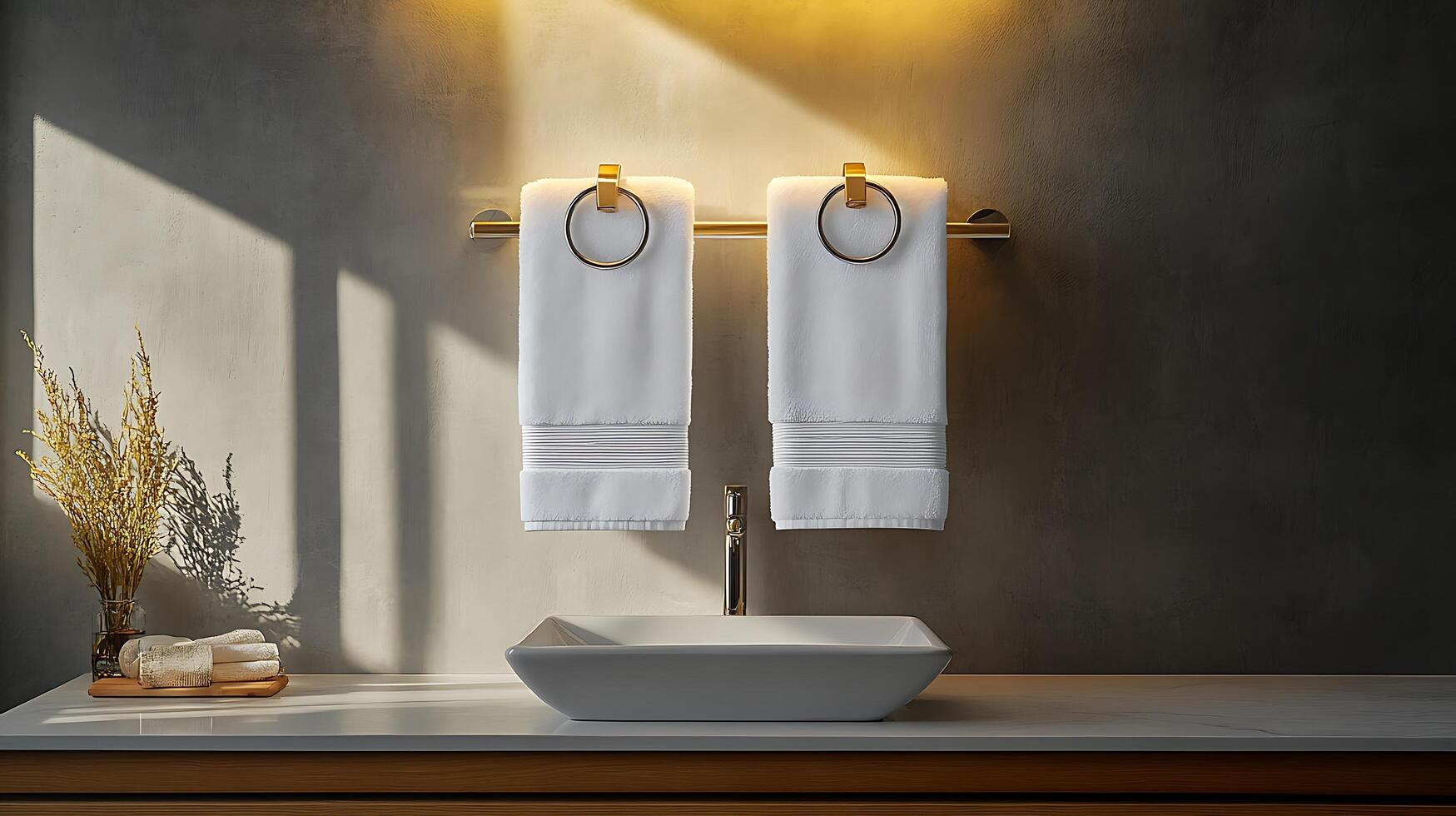 A bathroom sink with two towels hanging on the wall photo