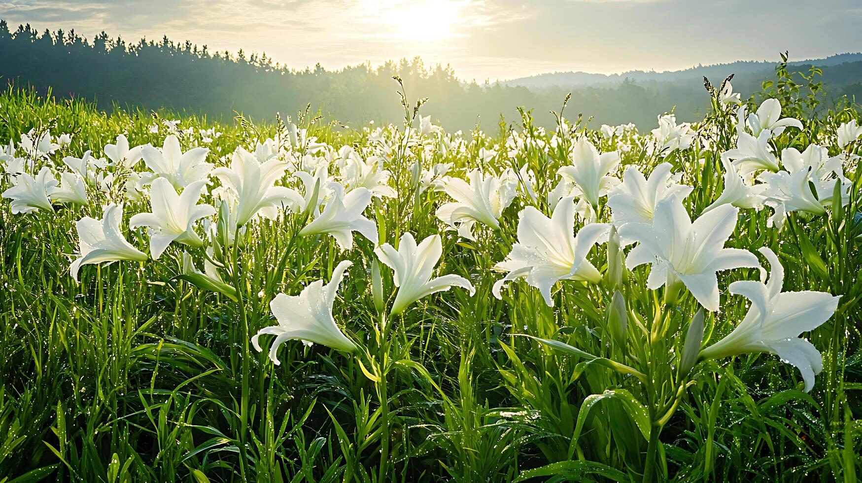 White lilies in a field at sunset photo