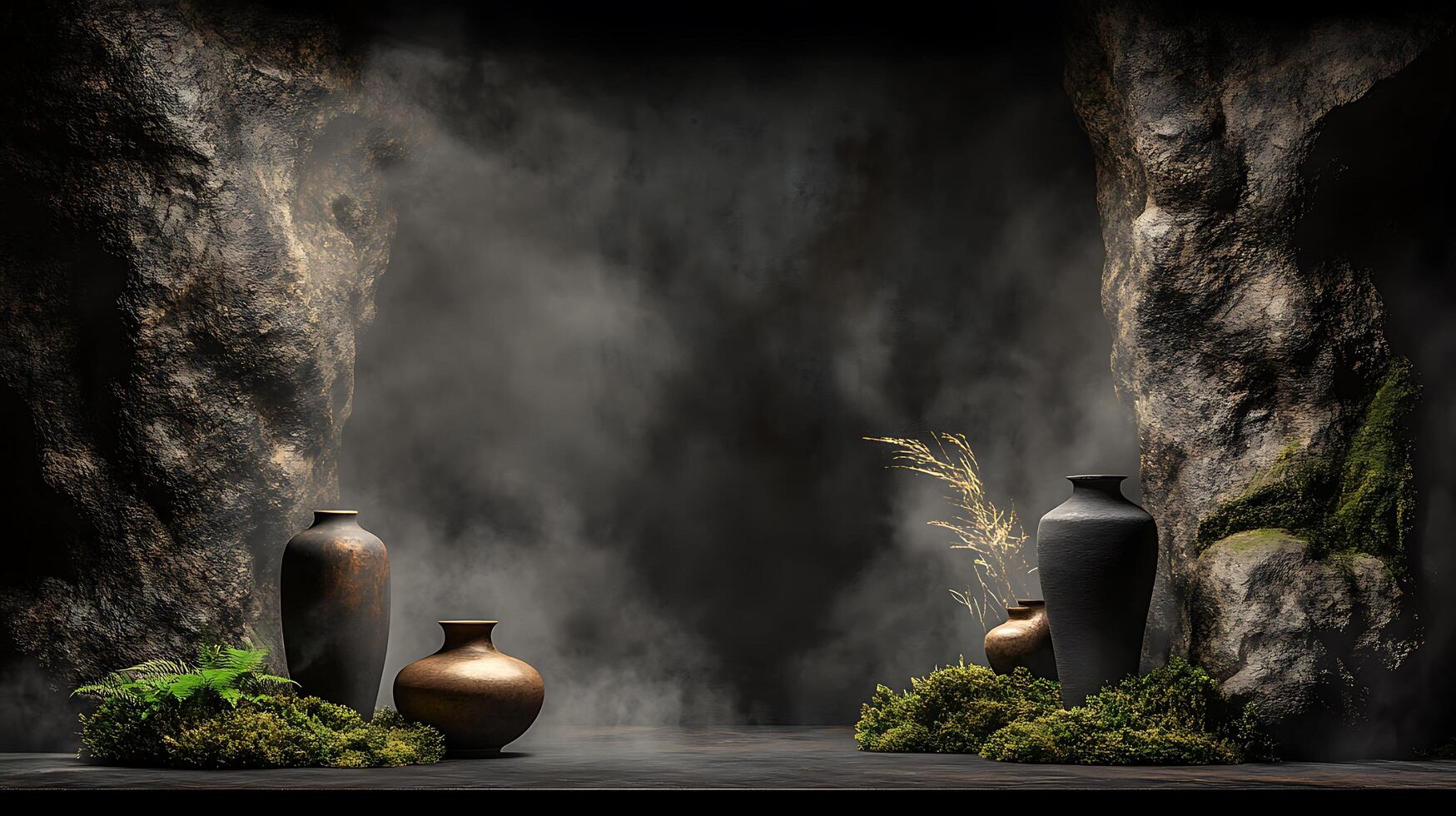 A stage with two vases and a rock wall photo