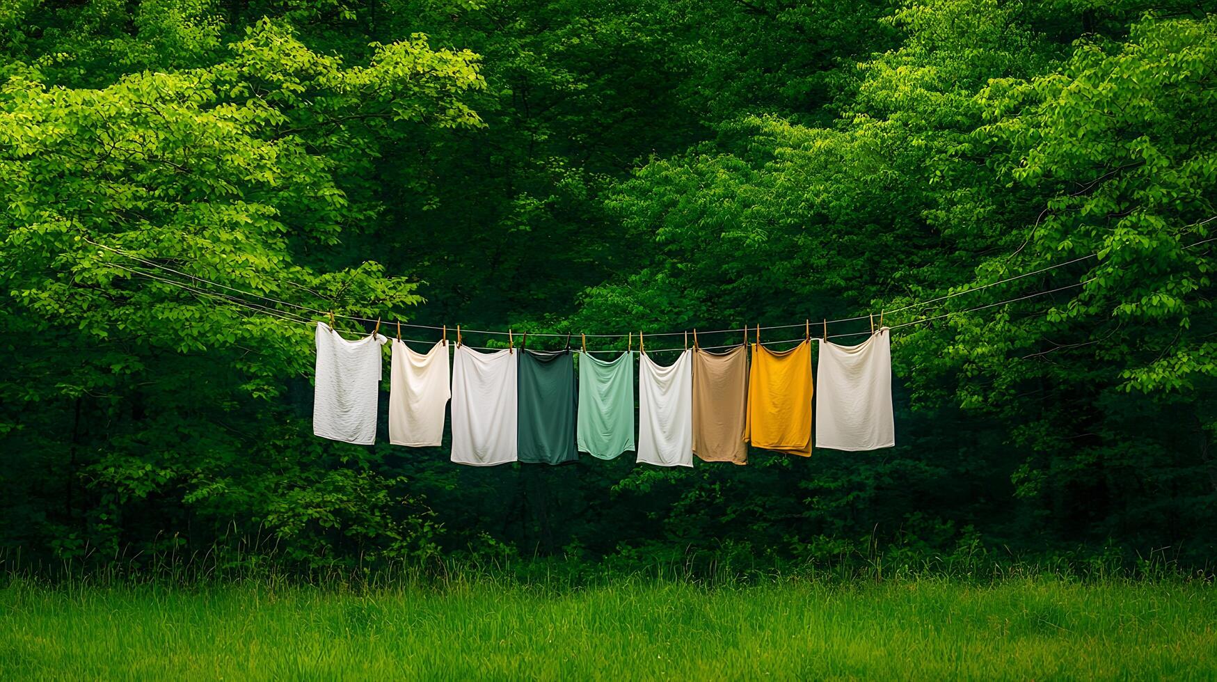 Clothes hanging on a clothesline in a green field photo