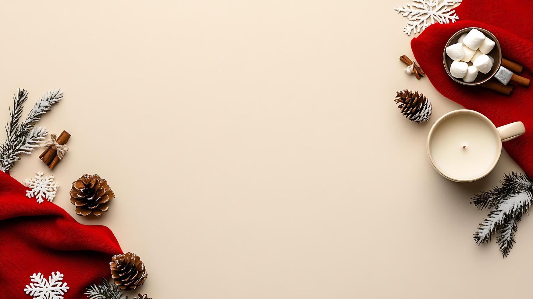 Christmas background with red scarf, cinnamon sticks, marshmallows and fir cones photo