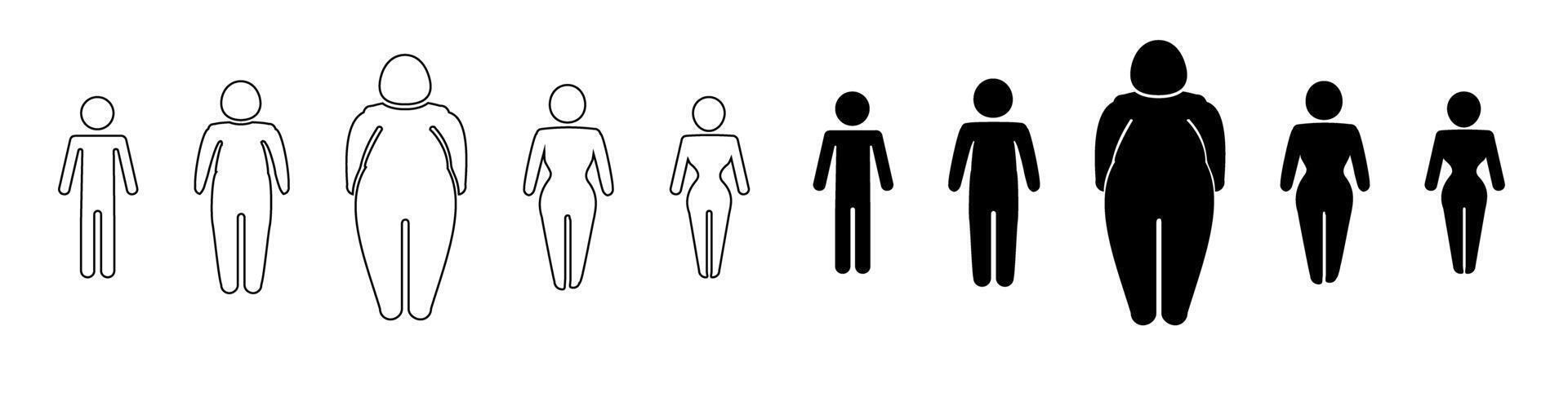 A man or woman diets and exercises from fat to fitness series frontal view. Figure and size person, body index mass. vector
